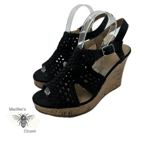 SO Taffy Wedge Heel Sandals Women's Woven Peep Toe With Cork Heel Size 8.5 Black - Picture 8 of 14